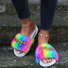 Slippers Women New Summer Casual Sandals Female Colour Fuzzy Platform Flip Flops Ladies Height Increasing Slides 220304