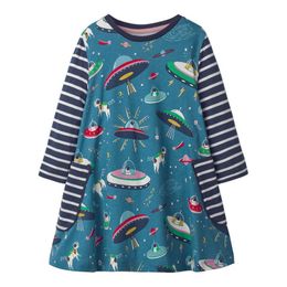 Girl's Dresses Jumping Metres Princess Space Print Cute Children's Girls Cotton Pockets Kids Long Sleeve Clothes Fashion Baby Dress