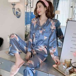 Autumn Cardigan Lapel Long Sleeve Pyjamas Set For Women Silk Leisure Tops Cartoon Sweet Beauty Casual Pajamas Women's Tracksuit 210330