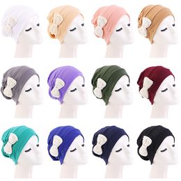 Fashion Full Cover Women Bow Pearl Turban Bandanas Muslim Hat White Pearl Hijab Caps Chemo Cap Head Wrap Turbante Mujer