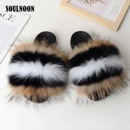fox shoes girls UK - Women Fluffy Slippers Girls Fox Fur Slides Adult Plush Home Flat Flip Flop Real Raccoon Furry Female Shoes Ladies Casual Sandals Y1007