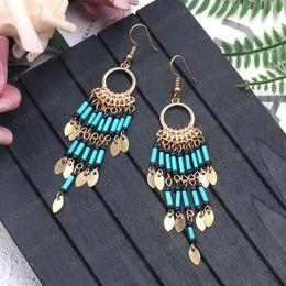 Summer Bohemian Dangle Earring Women 2021 Ethnic Blue Rice Bead Leaf Tassel Drop Long Earrings Vintage Fashion Jewellery Handmade