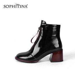 SOPHITINA Women's Ankle Boots Fashion Cow Leather Front Zip with Pull-Up Tabs Square Chunky Wild Round Toe Dress Boots PC657 210513