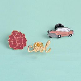 Pins, Brooches COOL Red Flower Car Brooch Bag Clothes Backpack Lapel Enamel Pin Badges Cartoon Jewelry Gift For Friend Women Accessories