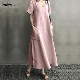 Cotton Linen V-neck Maxi Dress Women Summer Vintage Plus Size M-5XL long dress Casual Short Sleeve Pockets Vestidos 10139 210518