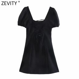 Women Vintage Square Collar Backless Bandage Black Mini Dress Female Chic Summer Puff Sleeve Casual Slim Vestido DS8311 210416