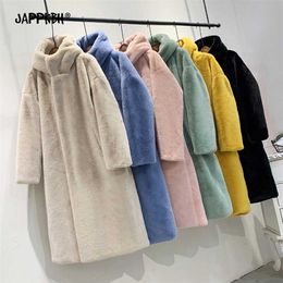 Hooded Faux Fur Coat Women Autumn Winter Casual Loose Long Female Jacket Fur Plush Thick Warm Cotton Lining Outwear Clothes 211007