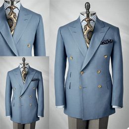 2 Piece Handsome Blue Men Suits Groom Tuxedos Lapel Double Breasted Custom Made Fit Slim Formal Party Long Suit Outwear