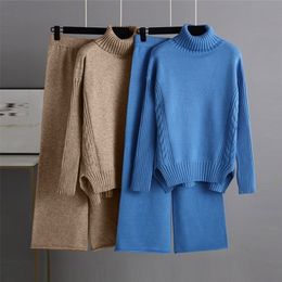 Women Knitted Turtleneck Sweater Sets Solid Casual Loose Warm Tracksuit Wide Leg Pants Elegant Female Suits Winter Lady Set 220315