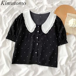 Kimutomo Polka-dot Short-sleeved Shirt Summer Women Korean Fashion Ladies Peter Pan Collar Single Breasted Tops 210521