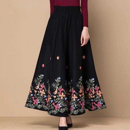 Black Fllower Embroidered Woolen Maxi Skirt Women Elegant High Waist Casual Skirts Mom Fashion Plus Size Skirt Office Lady Wear 210619