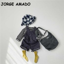 Spring Korean Style Baby Girl 2-pcs Sets striped Long Sleeves T-Shirt + Overalls Kids Clothes E5038 210610