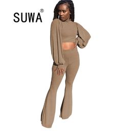 Fall Winter Knitted Women 2 Piece Matching Sets Clothes Long Sleeve Crop Top Tunic Flare Pants Office Work Wear Wholesale 210525