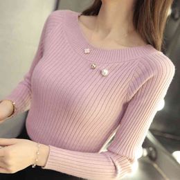 Winter Sweater Women Clothing Long Sleeve Solid Slash Neck Pink Knitted Pullovers Tops E501 210426