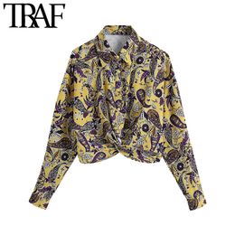 TRAF Women Fashion Paisley Print Cropped Knotted Blouses Vintage Long Sleeve Button-up Female Shirts Blusas Chic Tops 210415