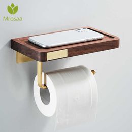 Brass Toilet Paper Holder Wall Mounted Wooden Phone Rack Bathroom Roll Hanger Shelf for Storage 210709