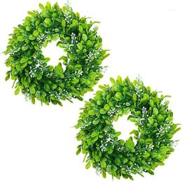 Pack Artificial Boxwood Wreath Faux Green Leaves Front Door Hanging Decoration, 10 Inches1