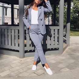 Work Pant Suits OL 2 Piece Sets Double Breasted Striped Blazer Jacket & Zipper Trousers Suit For Women Set Feminino Spring 210709