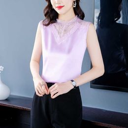 Korean Blouse Women Silk s Sleeveless Tops Plus Size Woman Pullover Hollow Out Shirt Satin Lace s 210604
