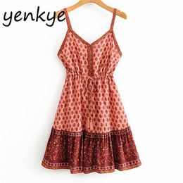 Sexy Sling Dress Women Backless V Neck Sleeveless Floral Print Lady Drawstring Waist A-line Mini Casual Beach Summer 210514