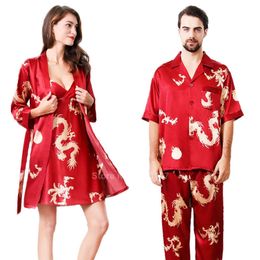 Women Silk Satin Pyjamas Set Summer Short Sleeve Comfy Smooth Sleepwear Couple's Men Chinese Dragon Lounge Robe Gown Set 210330