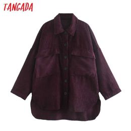 Tangada Women Wine Red Corduroy Coats Jacket Loose Long Sleeves Pocket Ladies Elegant Autumn Winter Coat 3L50 210609