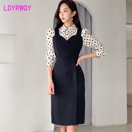 [LDYRWQY] Two-piece Spring Korean Slim Polka Dot Shirt Top Closure Waist Bag Hip Sling Dress Set Women 210416