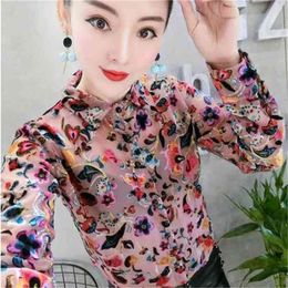 floral velvet shirts women long sleeve hollow out velvet tops femme lady leopard blouses shirts 210401