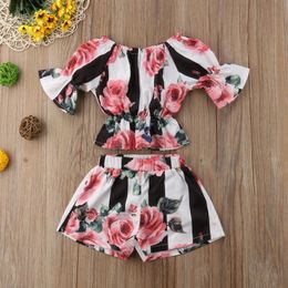 Clothing Sets Cute Girls Stripe Floral Tunic Tops+Shorts Kids 2pcs Children Casual Outfits Toddler Clothes Set