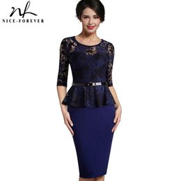 Nice-Forever Vintage Ladylike Sexy Lace Patchwork 3/4 Sleeve Peplum Tunic Bodycon Women Wear to Work Office Pencil Dress B360 210419
