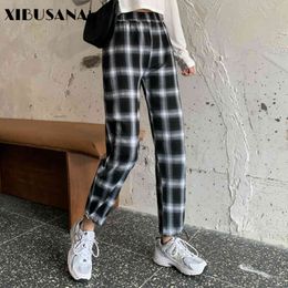 Women Plaid Printed Harem Pants Spring Autumn Fashion Female High Waist Loose Pant Straight Trousers Streetwear Sweatpants 210423