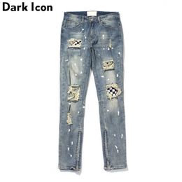 Ripped Plaid Patch Jeans Men High Street Ankle Zipper Men's Jeans Regular Style Destroyed Denim Pants Men 210603
