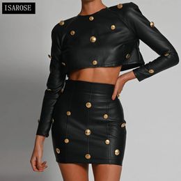 ISAROSE Leather Dress Sets Gold Buttons Long Sleeve Crop Tops High Waist Bodycon Mini Dresses Women Fashion Streetwear 210422