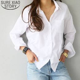 Tops And Blouses Shirts Blusas Loose One Pocket Feminine Blouse White Top For Women Solid Long Sleeve 3496 50 210415