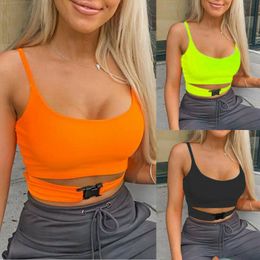 Sexy 2020 Summer Women SleevelBuckle Straps Camis Solid Casual Orange Neon Yellow Bustier Crop Tops X0507