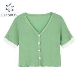 Knitted Crop Blouses Fake 2 Pieces Patchwork Cardigan Korean Shirt Women Short Sleeve Summer Stylish Retro E-Girl Chic Tops 210417