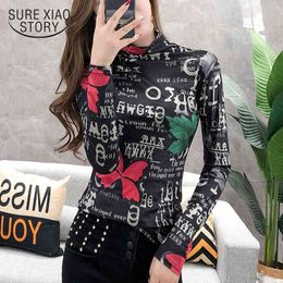 Turtleneck Long Sleeve Fashion Joker Stretch Blouses European Retro Print Autumn and Winter Temperament Shirts 7703 50 210417