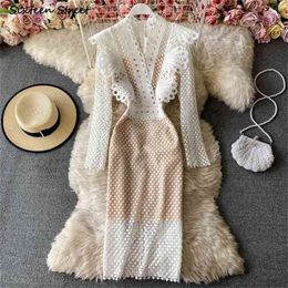 V-neck Lace Dress Woman Vintage Hollow Out Runway Vestidos es Spring Autumn Ruffles Elegant Party Female 210603