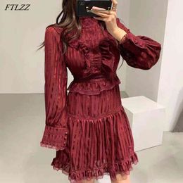 Spring Autumn Elegant Women Ruffled Lace Patchwork Dress Vintage Red Wine Knee-Length Stand Collar Slim 210423