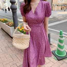 Elegant Floral Print Chiffon Women Dress Wrap V neck High Waist Summer Dresses Sexy Lace Up Purple Midi Casual Female 210429