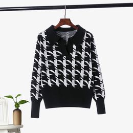 Women Houndstooth pattern Loose Knitted Korean Sweater Autumn Turn Down Collar Knit Tops Winter Fashion Pullovers 210419