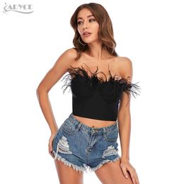 Summer Women Bodycon Short Bandage Top Sexy Sleeveless Feather Club Celebrity Runway Party Out Wear Casual Crop Tops 210423