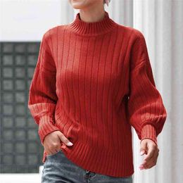 Women's Sweater Pullovers Autumn Winter Fashion knitted Jumper Turtleneck Lantern Sleeve Stripe Women 210508