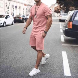 Muscle Men's Fitness Slim Business Casual Cotton 100% Short-sleeved Shorts 2-piece Suit Quick dry Breathable Fabric Sportsw 210722