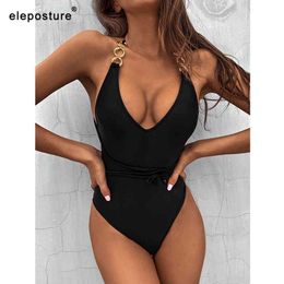 Sexy V-Neck Swimsuit Swimwear Women Halter Push Up Bodysuit Monokini Bather Bathing Suits Summer Beach Wear 210521