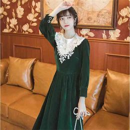 Women Vintage Full Sleeve Evening Party Night Velvet and Lace Mid-calf Dress Female Vestidos Elegant Spring 210603