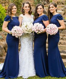 Navy Blue Bridesmaid Dresses 2021 Chiffon Mermaid Sweep Train Custom Made Plus Size Short Cap Sleeves Maid of Honor Gown Country Wedding Guest Wear vestido