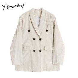 Yitimuceng Corduroy Blazer Women Double Breasted Suit Clothing Fall Jacket Beige Notched Solid Button Casual Green Jacket 210601