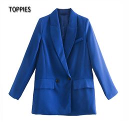 Toppies Woman Blazer Jacket Double Breated Long Blazer Ladies Suit Jacket Female Solid Colour Loose Coat 210412