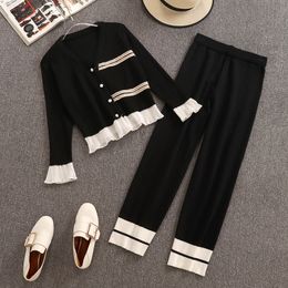 Women Autumn Knit Flare Sleeve Cardigans Loose Pleated Hem Pants Sets V Neck Single Breasted Knitted Tops Ankle-Length Pant Suit 210416